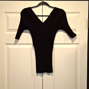 City Streets Black V-neck Pullover Sweater with 3/4 Sleeves